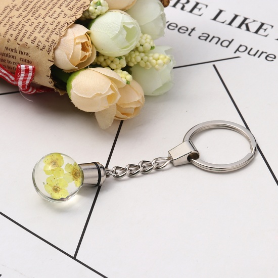 Picture of Glass & Dried Flower Keychain & Keyring Ball Silver Tone Yellow Transparent Narcissus LED Light Up 9.8cm x 3cm, 1 Piece