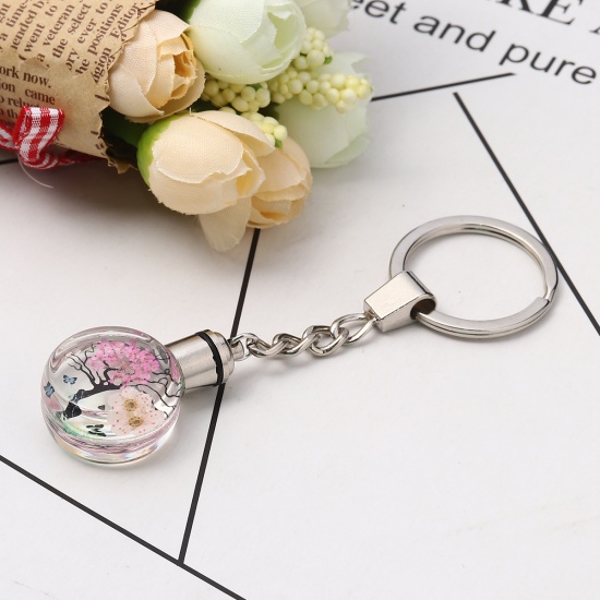 Picture of Glass & Dried Flower Keychain & Keyring Round Silver Tone Hot Pink Transparent Tree LED Light Up 10.2cm x 3cm, 1 Piece