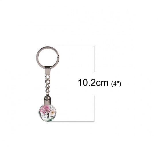 Bild von Glas & Getrockenete Blume Schlüsselkette & Schlüsselring Rund Silberfarbe Hellrosa Transparent Bäume LED Leuchten 10.2cm x 3cm, 1 Stück