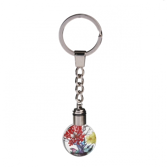 Bild von Glas & Getrockenete Blume Schlüsselkette & Schlüsselring Rund Silberfarbe Rot & Gelb Transparent Bäume LED Leuchten 10.2cm x 3cm, 1 Stück