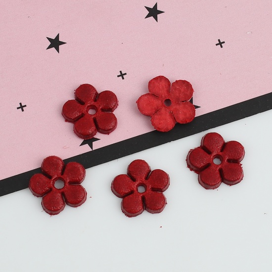 Picture of Real Leather Earring Components Pendants Red Flower 12mm( 4/8") x 12mm( 4/8"), 10 PCs