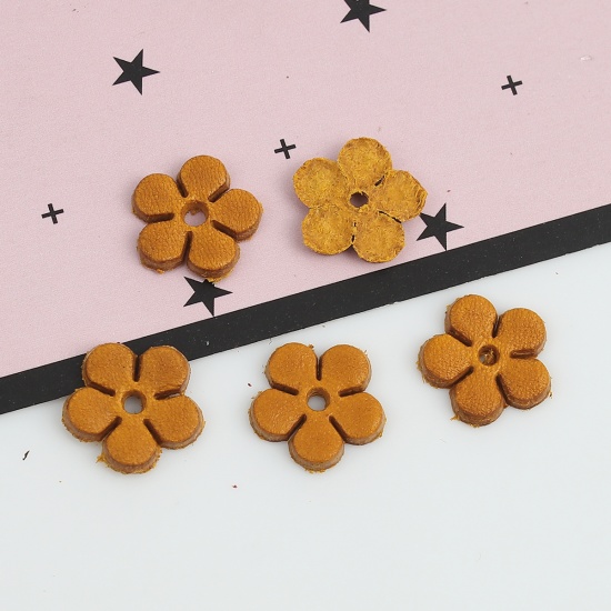 Picture of Real Leather Earring Components Pendants Khaki Flower 12mm( 4/8") x 12mm( 4/8"), 10 PCs