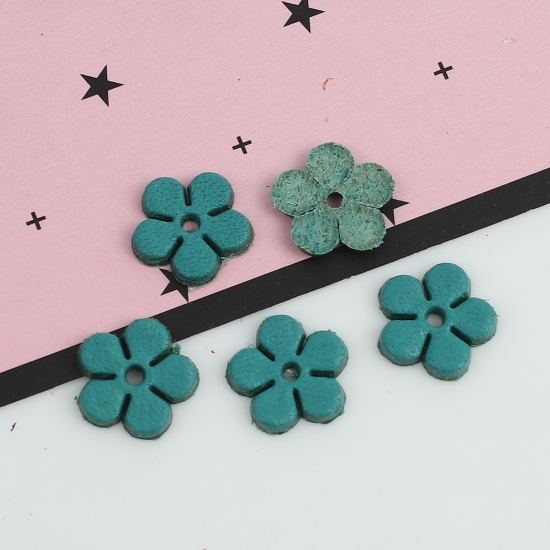 Picture of Real Leather Earring Components Pendants Green Blue Flower 12mm( 4/8") x 12mm( 4/8"), 10 PCs
