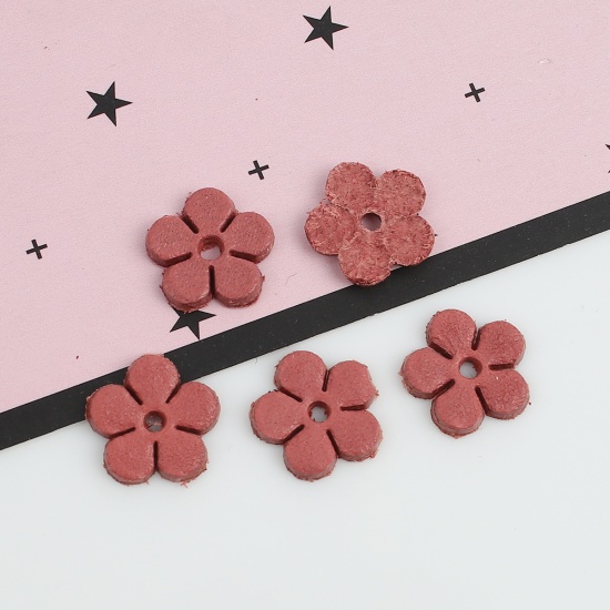 Picture of Real Leather Earring Components Pendants Dark Pink Flower 12mm( 4/8") x 12mm( 4/8"), 10 PCs