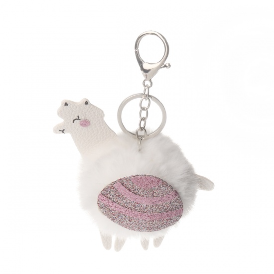 Bild von Plüsch Schlüsselkette & Schlüsselring Alpaka Tier Weiß Silbrig Pompon Ball Glitzert 15cm, 1 Stück