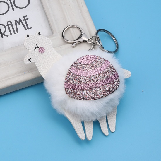 Picture of Plush Keychain & Keyring Alpaca Animal White Silver Pom Pom Ball Glitter 15cm, 1 Piece