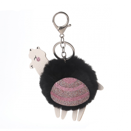 Bild von Plüsch Schlüsselkette & Schlüsselring Alpaka Tier Schwarz Silbrig Pompon Ball Glitzert 15cm, 1 Stück