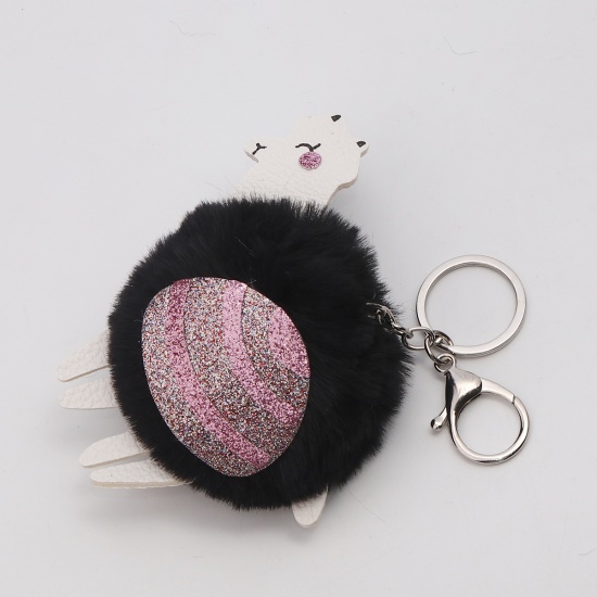 Bild von Plüsch Schlüsselkette & Schlüsselring Alpaka Tier Schwarz Silbrig Pompon Ball Glitzert 15cm, 1 Stück