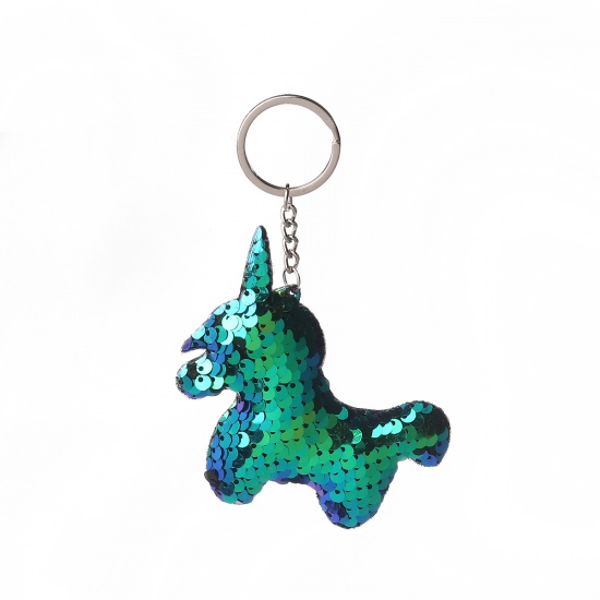 Bild von PVC Paillette Schlüsselkette & Schlüsselring Pferd Silberfarbe Blau 13cm, 2 Stück