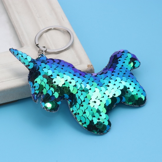Bild von PVC Paillette Schlüsselkette & Schlüsselring Pferd Silberfarbe Blau 13cm, 2 Stück