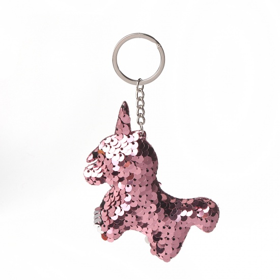 Bild von PVC Paillette Schlüsselkette & Schlüsselring Pferd Silberfarbe Rosa 13cm, 2 Stück