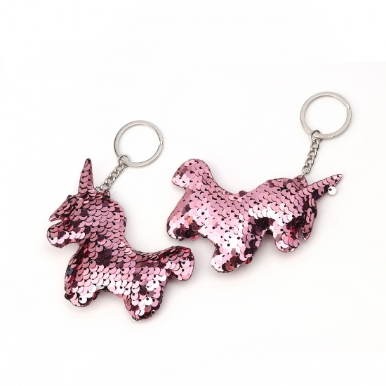 Bild von PVC Paillette Schlüsselkette & Schlüsselring Pferd Silberfarbe Rosa 13cm, 2 Stück