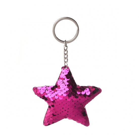 Bild von PVC Paillette Schlüsselkette & Schlüsselring Pentagramm Stern Silberfarbe Fuchsie 13.5cm, 2 Stück