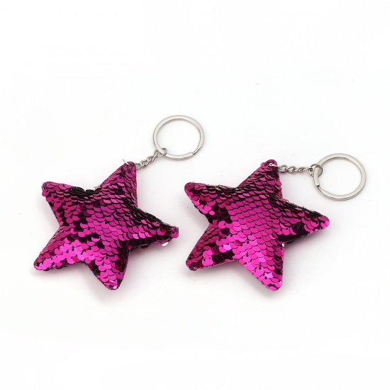 Bild von PVC Paillette Schlüsselkette & Schlüsselring Pentagramm Stern Silberfarbe Fuchsie 13.5cm, 2 Stück