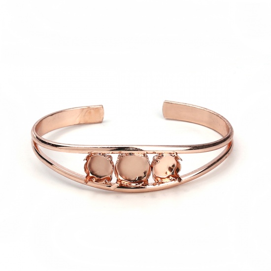 Picture of Brass Open Cuff Bangles Bracelets Round Rose Gold Cabochon Settings (Fits 10mm Dia. 8mm Dia.) 17.5cm(6 7/8") long, 1 Piece                                                                                                                                    