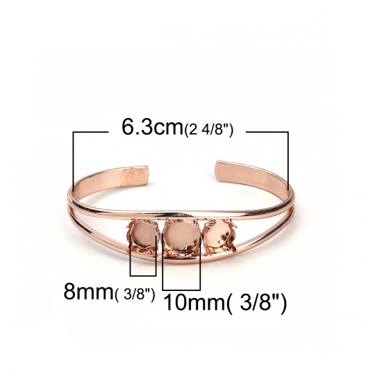 Picture of Brass Open Cuff Bangles Bracelets Round Rose Gold Cabochon Settings (Fits 10mm Dia. 8mm Dia.) 17.5cm(6 7/8") long, 1 Piece                                                                                                                                    