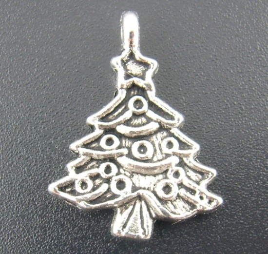 Picture of 40PCs Antique Silver Christmas Tree Charms Drops 24*17mm