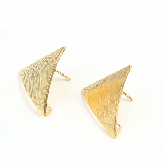 Picture of Brass Ear Post Stud Earrings 18K Real Gold Plated Triangle W/ Loop Drawbench 22mm( 7/8") x 19mm( 6/8"), Post/ Wire Size: (21 gauge), 4 PCs                                                                                                                    