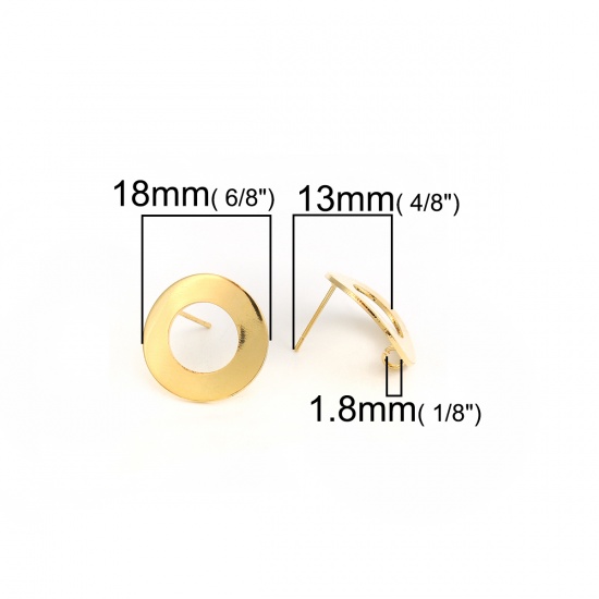 Immagine di Ottone Orecchini a Perno Vero Oro Placcato Anello W/ Loop 18mm Dia., Dimensione di Posta / Cavo: (21 misura), 4 Pz