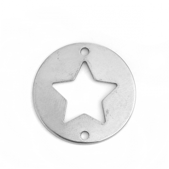 Picture of 304 Stainless Steel Connectors Round Silver Tone Pentagram Star 25mm(1") Dia., 10 PCs