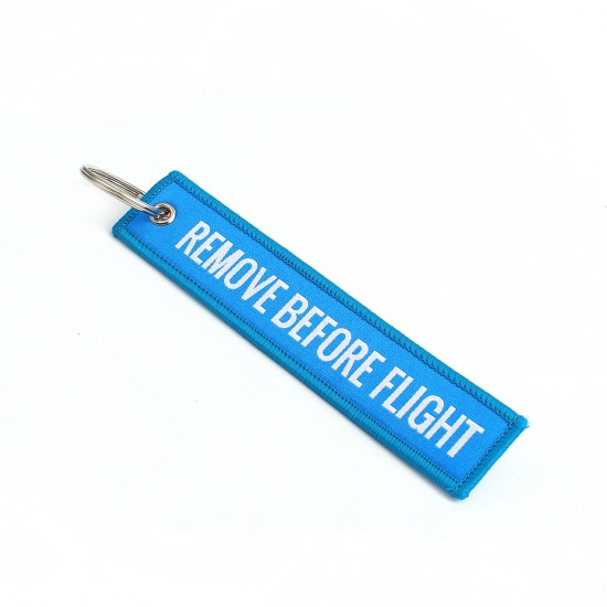 Picture of Polyester Keychain & Keyring Rectangle Blue Message " REMOVE BEFORE FLIGHT " 15cm x 2.8cm, 2 PCs