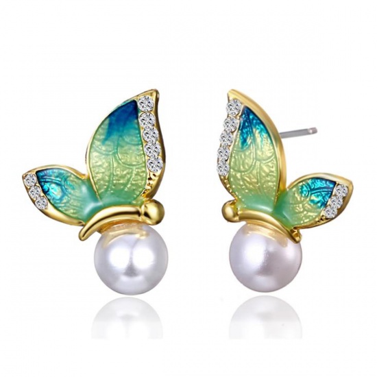 Picture of Acrylic Ear Post Stud Earrings Gold Plated Green Butterfly Animal Clear Rhinestone Imitation Pearl Enamel 20mm( 6/8") x 15mm( 5/8"), Post/ Wire Size: (21 gauge), 1 Pair