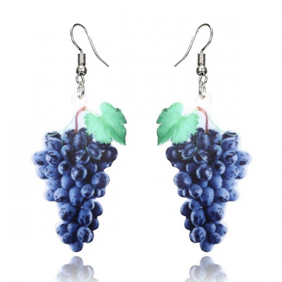 Picture of Acrylic Earrings Silver Tone Violet Grape Fruit 68mm(2 5/8") x 28mm(1 1/8"), Post/ Wire Size: (21 gauge), 1 Pair