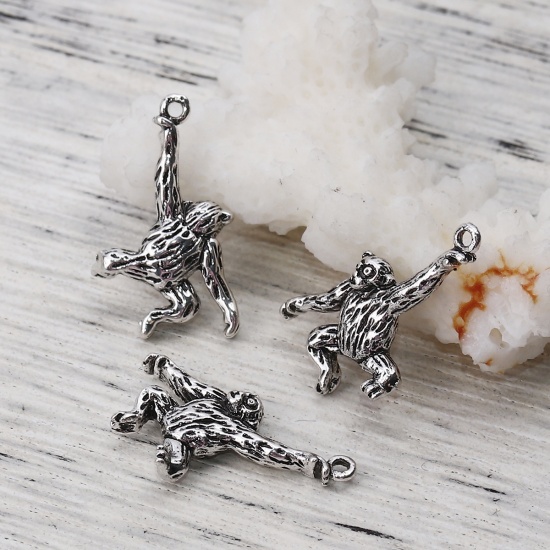 Imagen de Latón 3D Colgantes Charms Mono Plata Antigua 21mm x 13mm, 5 Unidades