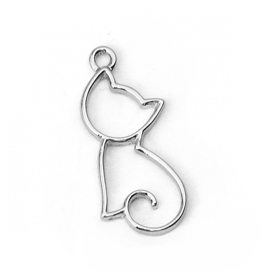 Picture of Zinc Based Alloy Charms Cat Animal Silver Tone 26mm(1") x 12mm( 4/8"), 10 PCs