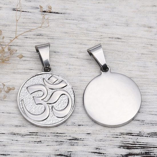 Imagen de 304 Acero Inoxidable Colgantes Ronda Tono de Plata Yoga OM Polvo Estelar 38mm x 25mm, 1 Unidad