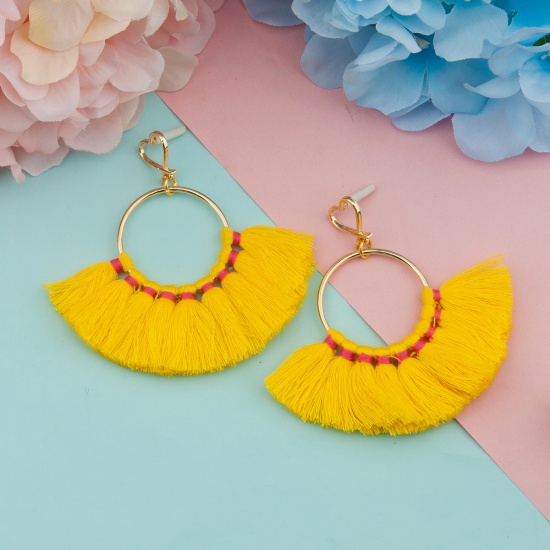 Cotton Tassel Earrings Gold Plated Yellow Circle Ring 80mm(3 1/8") x 73mm(2 7/8"), Post/ Wire Size: (21 gauge), 1 Pair の画像