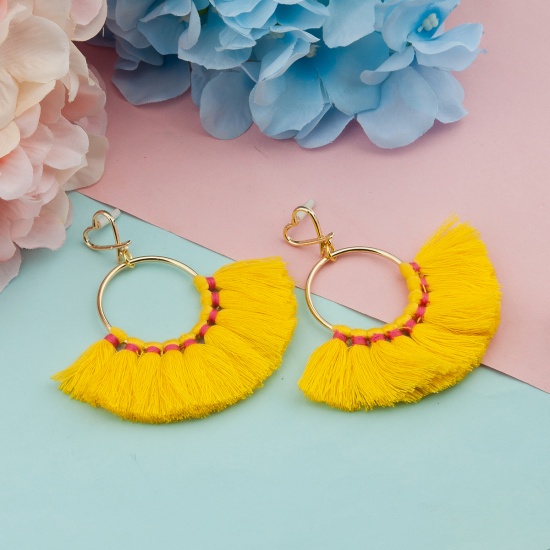 Cotton Tassel Earrings Gold Plated Yellow Circle Ring 80mm(3 1/8") x 73mm(2 7/8"), Post/ Wire Size: (21 gauge), 1 Pair の画像