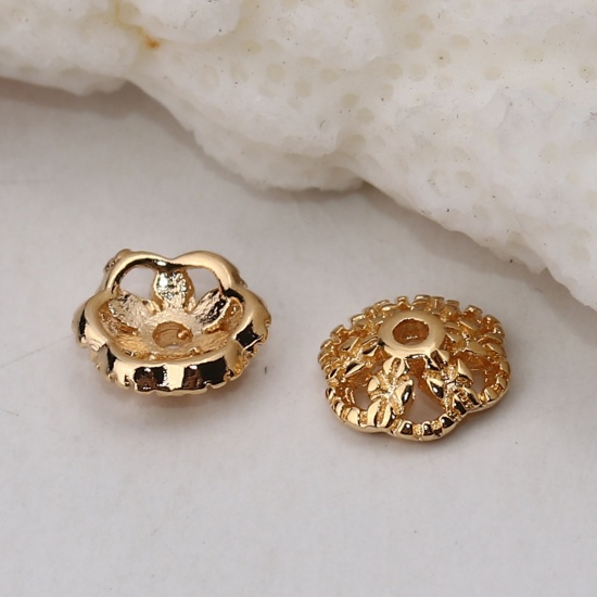 Picture of Brass Beads Caps Flower 18K Real Gold Plated (Fit Beads Size: 8mm Dia.) 7mm( 2/8") x 7mm( 2/8"), 10 PCs                                                                                                                                                       