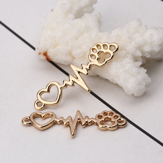 Picture of Zinc Based Alloy Connectors Heartbeat/ Electrocardiogram Gold Plated Bear Paw Print 34mm x 12mm, 10 PCs