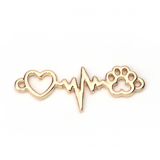 Picture of Zinc Based Alloy Connectors Heartbeat/ Electrocardiogram Gold Plated Bear Paw Print 34mm x 12mm, 10 PCs