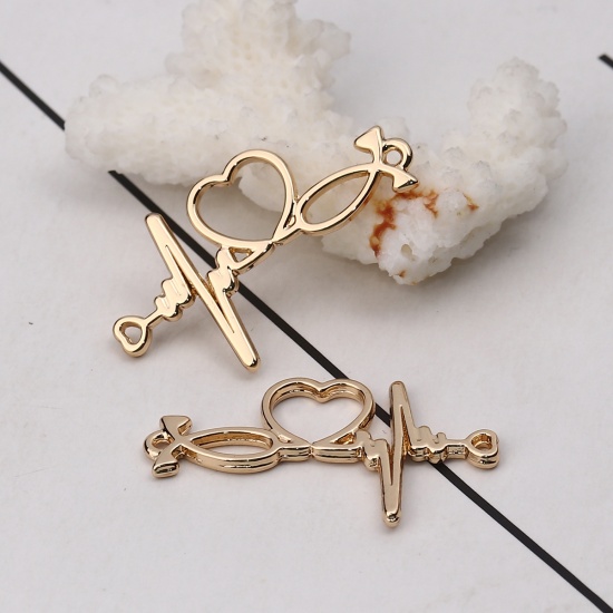 Immagine di Lega di Zinco Connettore Accessori Gesu Cristo Ichthus Pesce Simbolo Oro Placcato IL Battito Cardiaco /Dell 'elettrocardiogramma Disegno 34mm x 19mm, 10 Pz