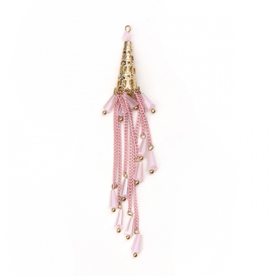Picture of Copper & Glass Tassel Pendants Cone Gold Plated Pink About 9.8cm x1cm(3 7/8" x 3/8") - 9.5cm x0.8cm(3 6/8" x 3/8"), 1 Piece