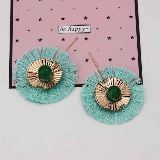Polyester Tassel Pendants Round Stripe Gold Plated Mint Green About 8.5cm(3 3/8") x 6.5cm(2 4/8"), 2 PCs の画像