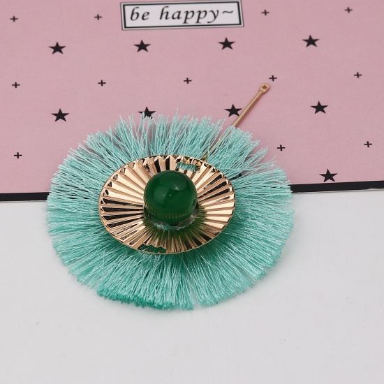 Polyester Tassel Pendants Round Stripe Gold Plated Mint Green About 8.5cm(3 3/8") x 6.5cm(2 4/8"), 2 PCs の画像