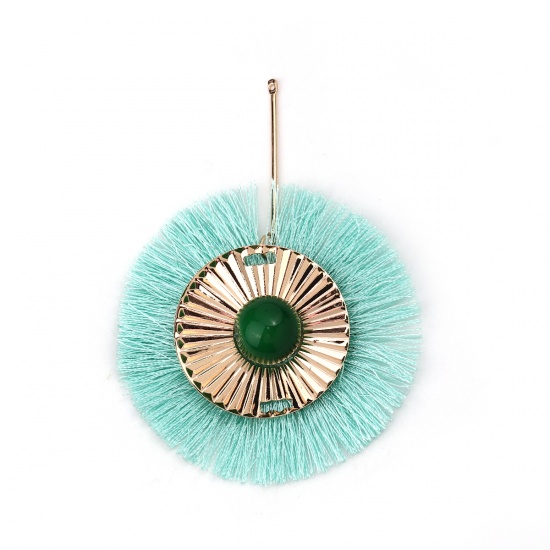 Polyester Tassel Pendants Round Stripe Gold Plated Mint Green About 8.5cm(3 3/8") x 6.5cm(2 4/8"), 2 PCs の画像