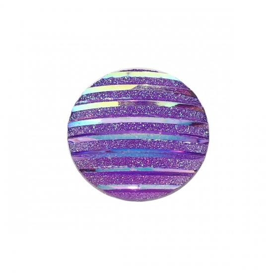 Picture of Resin AB Rainbow Color Aurora Borealis Dome Seals Cabochon Round Purple Stripe Pattern Glitter 16mm( 5/8") Dia, 100 PCs