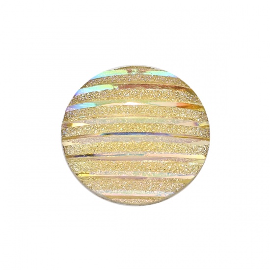 Picture of Resin AB Rainbow Color Aurora Borealis Dome Seals Cabochon Round Pale Yellow Stripe Pattern Glitter 16mm( 5/8") Dia, 100 PCs