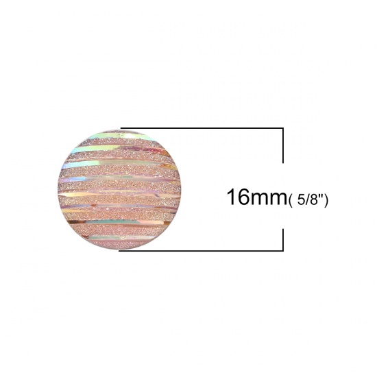 Picture of Resin AB Rainbow Color Aurora Borealis Dome Seals Cabochon Round Pink Stripe Pattern Glitter 16mm( 5/8") Dia, 100 PCs