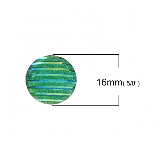 Picture of Resin AB Rainbow Color Aurora Borealis Dome Seals Cabochon Round Green Stripe Pattern Glitter 16mm( 5/8") Dia, 100 PCs
