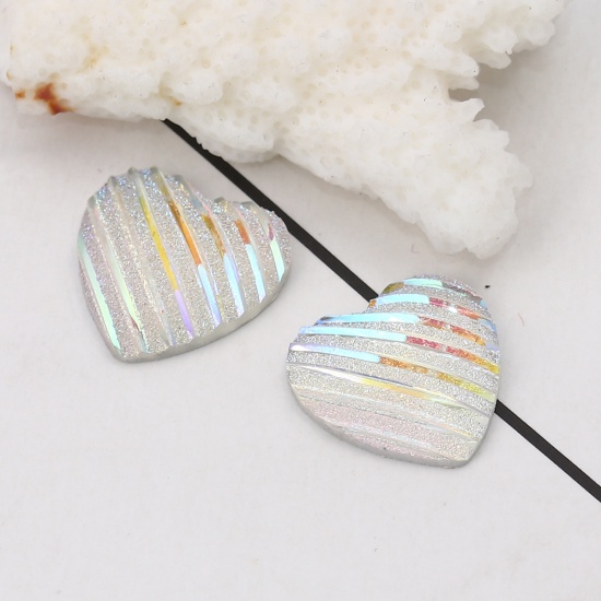 Immagine di Resina AB Arcobaleno colore Aurora Borealis Dome Seals Cabochon Cuore Bianco Striscia " Brillio 16mm x 16mm, 100 Pz