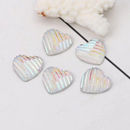 Immagine di Resina AB Arcobaleno colore Aurora Borealis Dome Seals Cabochon Cuore Bianco Striscia " Brillio 16mm x 16mm, 100 Pz