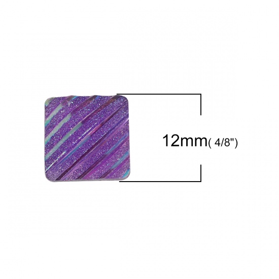 Image de Cabochon Dôme en Résine AB Couleur Irisation Aurores Boréales Carré Violet Rayées Brillant 12mm x 12mm, 100 Pcs