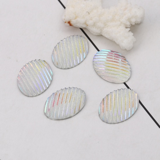 Immagine di Resina AB Arcobaleno colore Aurora Borealis Dome Seals Cabochon Ovale Bianco Striscia " Brillio 25mm x 18mm, 30 Pz