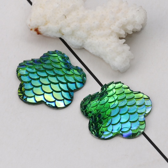 Picture of Resin Mermaid Fish/ Dragon Scale Dome Seals Cabochon Plum Blossom Green AB Color 26mm(1") x 25mm(1"), 30 PCs