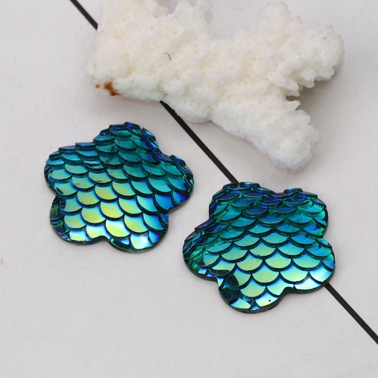 Picture of Resin Mermaid Fish/ Dragon Scale Dome Seals Cabochon Plum Blossom Green Blue AB Color 26mm(1") x 25mm(1"), 30 PCs